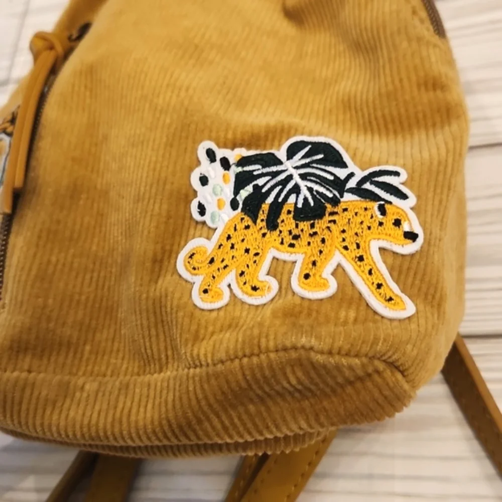 Mustard Corduroy Mini Backpack with Floral & Leopard Patches